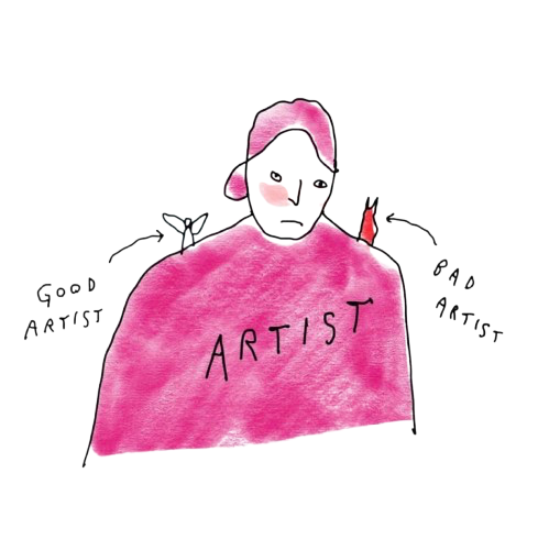 Drawing by David Shrigley: a single pink figure labelled ARTIST with arrows to GOOD ARTIST (a sprout) on the left and BAD ARTIST (a small knife) on the right, on a black background.